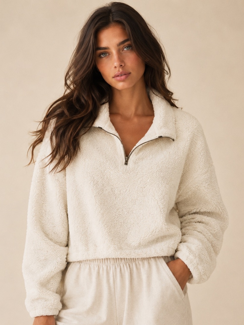 Cream Sherpa‎ Teddy Zip Pullover Jacket Winter Lounge Shein Cozy Buttery Soft
